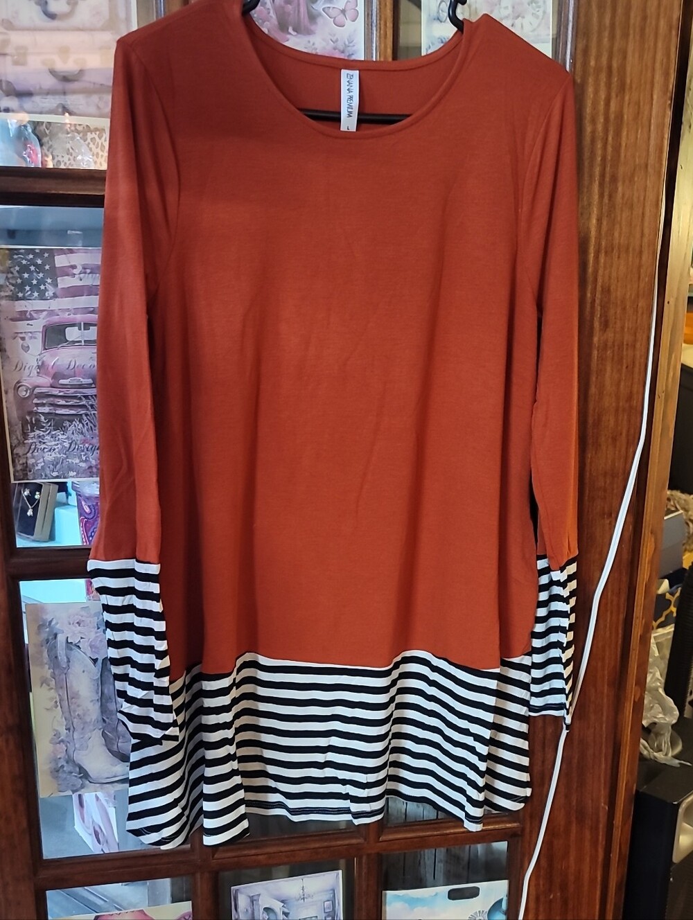 Rust Long Sleeve Tunic with Black & White Striped Hem - Women